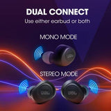 JBL Wave100 with 20 Hours Playback, Dual Sound Modes, Dual Connect and VA Support Bluetooth Headset  Blue, True Wireless Black