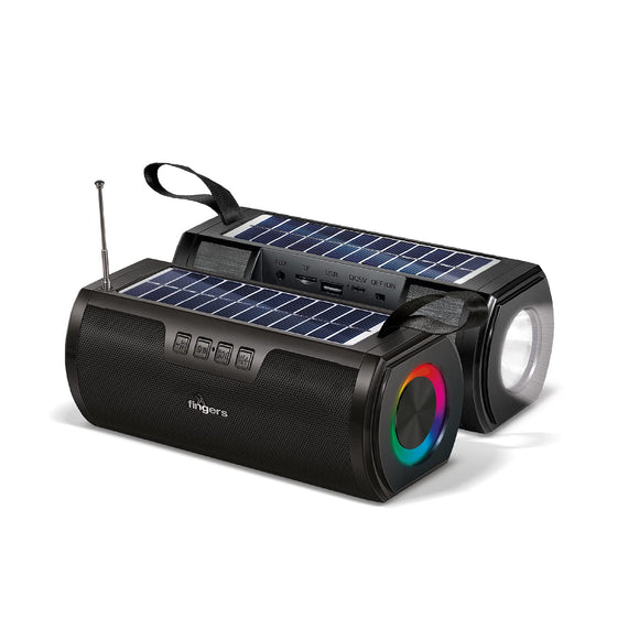 Fingers SolarHunk2 Portable Speaker with Built-in Solar Charging Panel RGB Lights  14+ hrs Playback  Duo Charge – Solar & Power Outlet  Bluetooth, FM Radio, MicroSD, USB, AUX