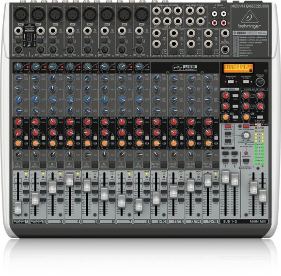 Behringer XENYX QX2222USB Premium 22-Input 2/2-Bus Mixer with XENYX Mic Preamps & Compressors, KLARK TEKNIK Multi-FX Processor, Wireless Option and USB/Audio Interface