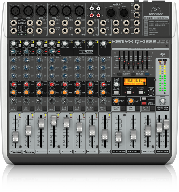 Behringer XENYX QX1222USB Premium 16-Input 2/2-Bus Mixer with XENYX Mic Preamps & Compressors, KLARK TEKNIK Multi-FX Processor, Wireless Option and USB/Audio Interface