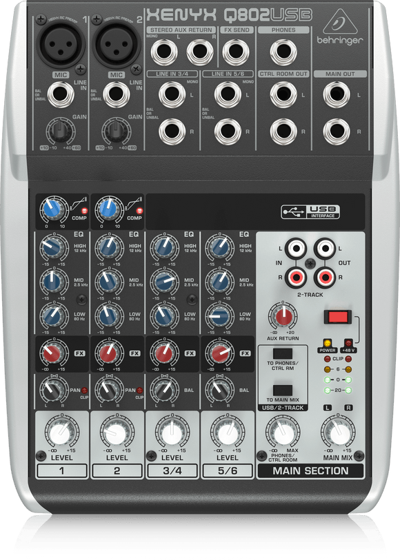 Behringer XENYX Q802USB Premium 8-Input 2-Bus Mixer with XENYX Mic Preamps & Compressors, British EQs and USB/Audio Interface