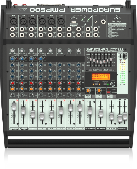 Behringer EUROPOWER PMP500 500-Watt 12-Channel Powered Mixer with KLARK TEKNIK Multi-FX Processor, Compressors, FBQ Feedback Detection System and Wireless Option