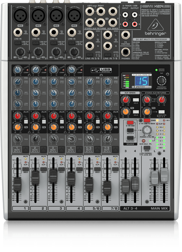 Behringer XENYX X1204USB Premium 12-Input 2/2-Bus Mixer with XENYX Mic Preamps & Compressors, British EQs, 24-Bit Multi-FX Processor and USB/Audio Interface