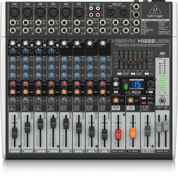 Behringer XENYX X1222USB  Premium 16-Input 2/2-Bus Mixer with XENYX Mic Preamps & Compressors, British EQs, 24-Bit Multi-FX Processor and USB/Audio Interface