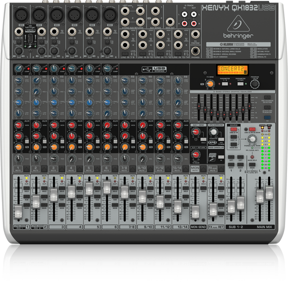 Behringer XENYX QX1832USB Premium 18-Input 3/2-Bus Mixer with XENYX Mic Preamps & Compressors, KLARK TEKNIK Multi-FX Processor, Wireless Option and USB/Audio Interface