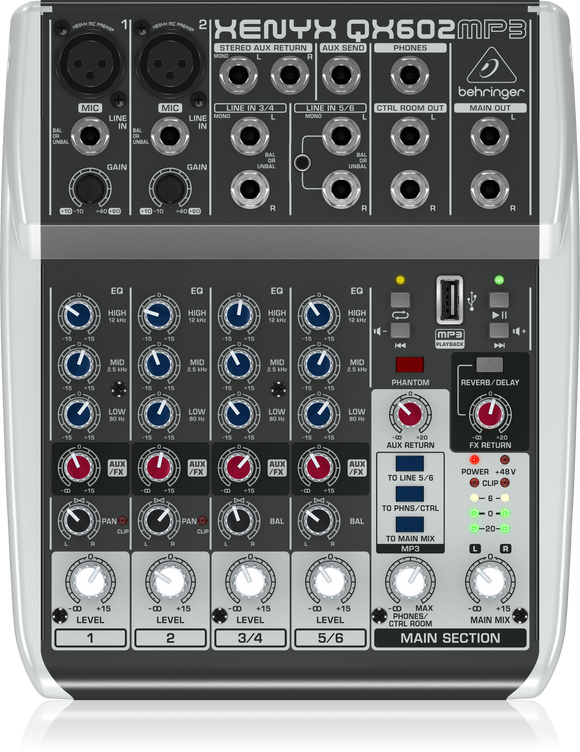 Behringer XENYX QX602MP3 Premium 6-Input 2-Bus Mixer with XENYX Mic Preamps, British EQs, MP3 Player and Multi-FX