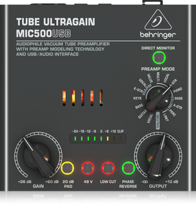 Behringer TUBE ULTRAGAIN MIC500USB Audiophile Vacuum Tube Preamplifier with Preamp Modeling Technology and USB/Audio Interface